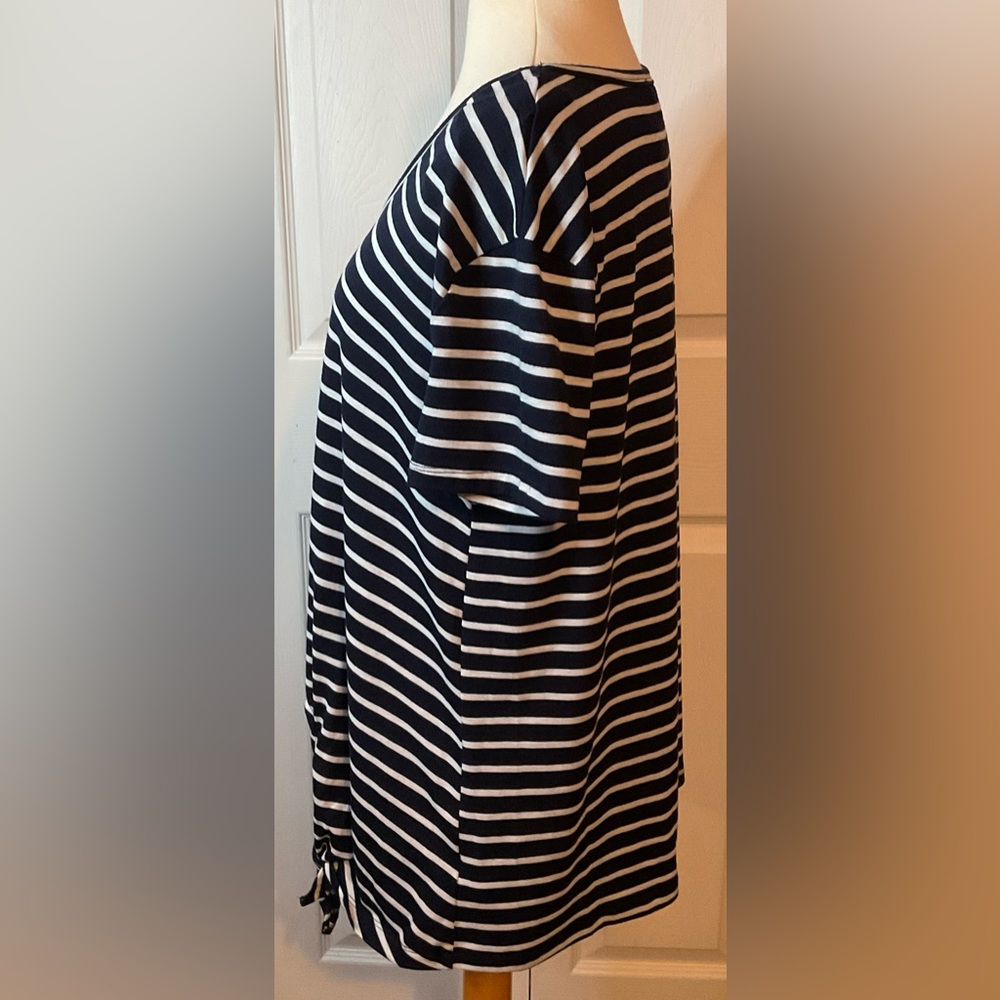 Umgee Navy Blue White Striped Scoop Neck Short Sleeve Top Shirt Small Tie Waist - Picture 4 of 4